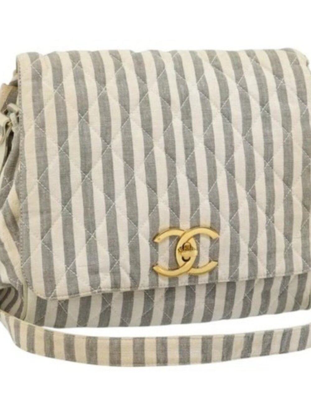 CHANEL Striped Matelasse Chain Shoulder Bag Canvas White Gray CC Auth bs3642 - Picture 1 of 16